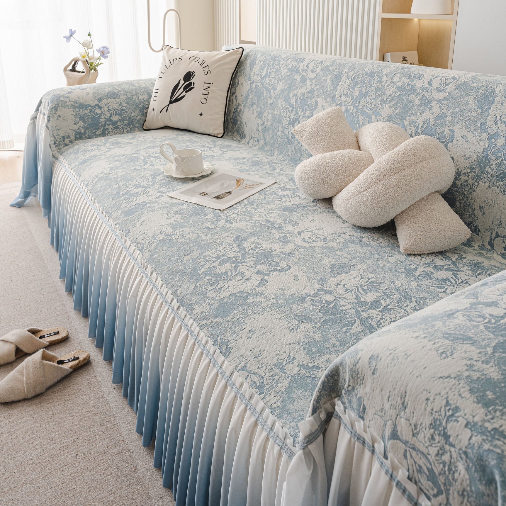 French Chic Style Ruffle Rose Cover Throw for Sofas, Decorative Sectional Covers - Ornate Home