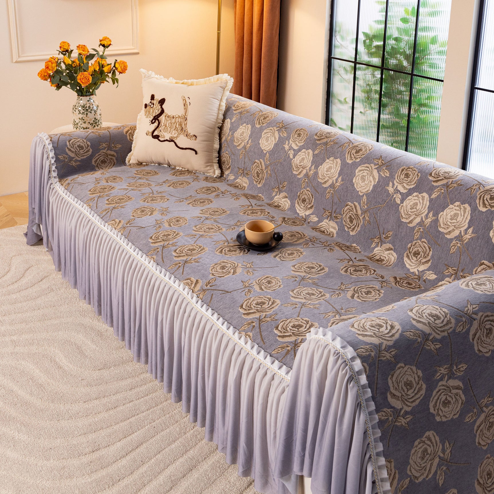 French Country Floral Sofa Cover with Ruffled Skirt, Farmhouse Decor for Living Room - Ornate Home