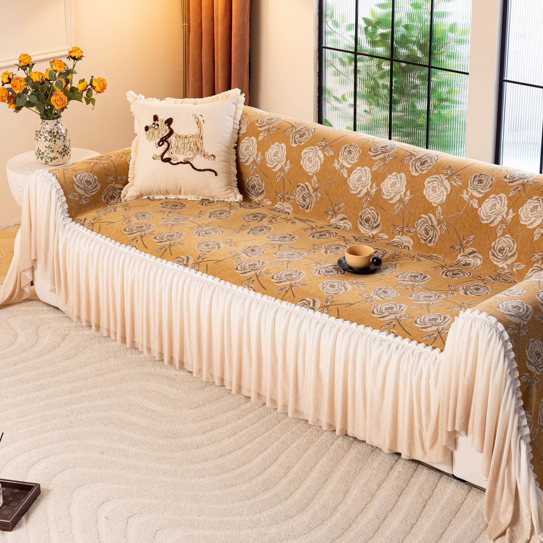 French Country Floral Sofa Cover with Ruffled Skirt, Farmhouse Decor for Living Room - Ornate Home