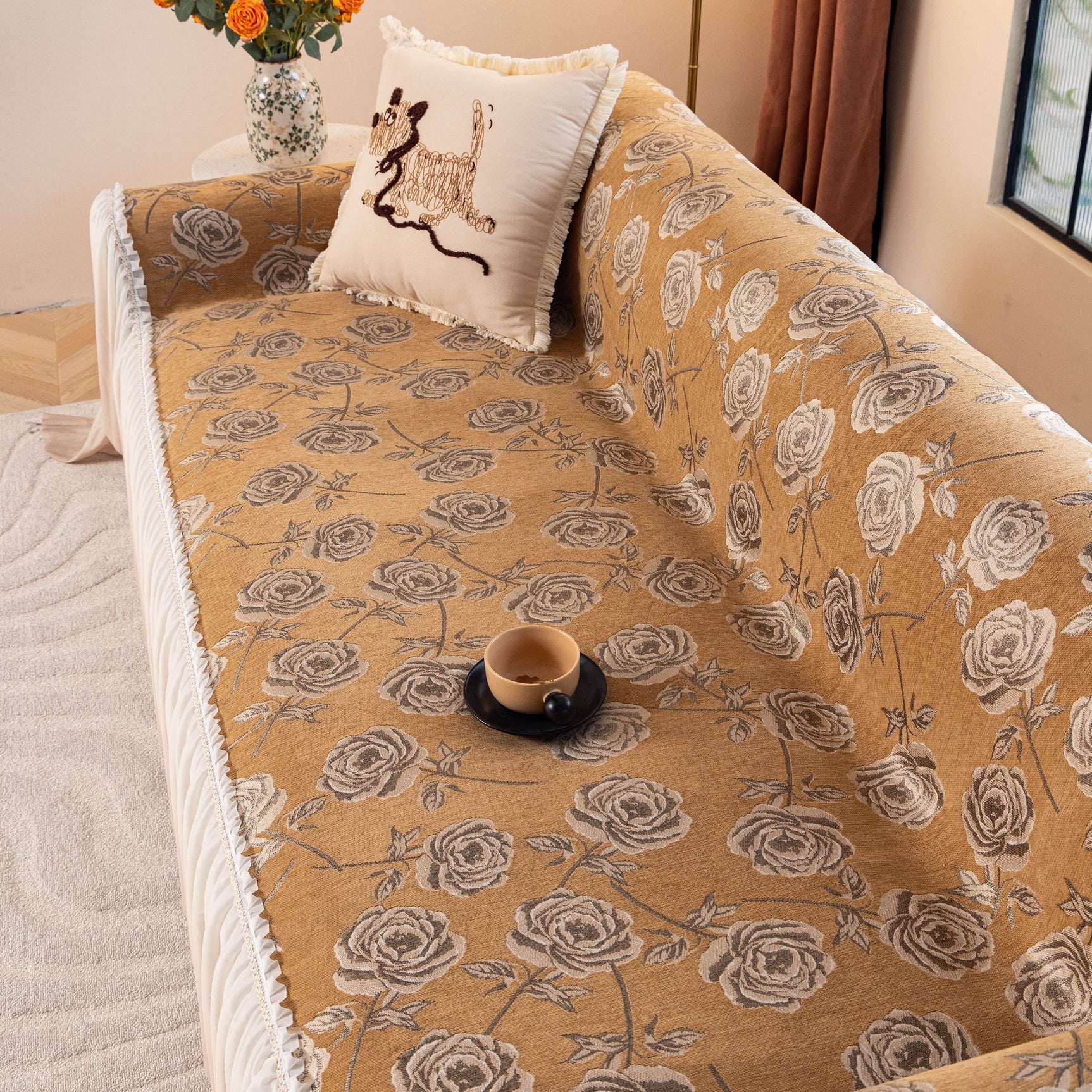 French Country Floral Sofa Cover with Ruffled Skirt, Farmhouse Decor for Living Room - Ornate Home