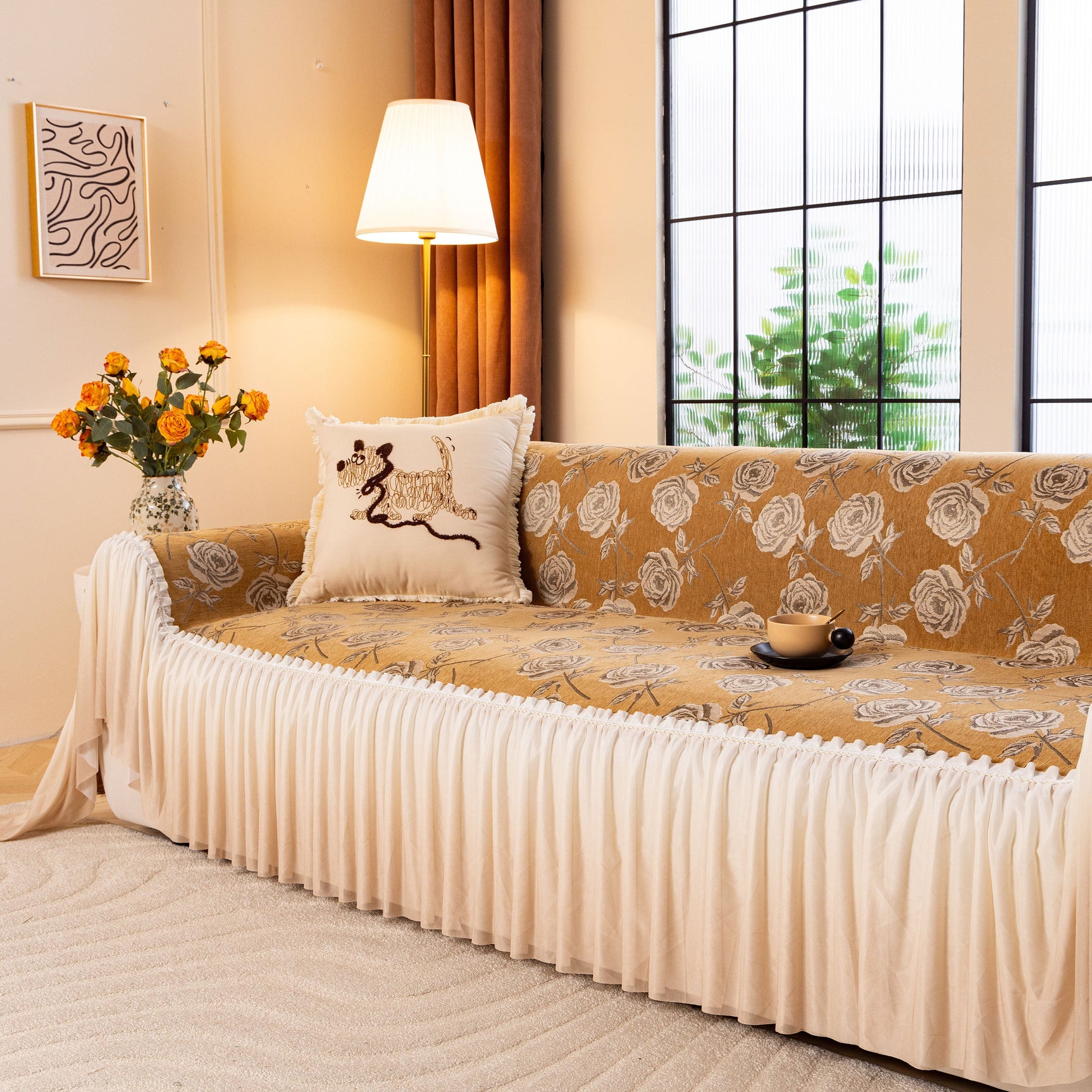French Country Floral Sofa Cover with Ruffled Skirt, Farmhouse Decor for Living Room - Ornate Home