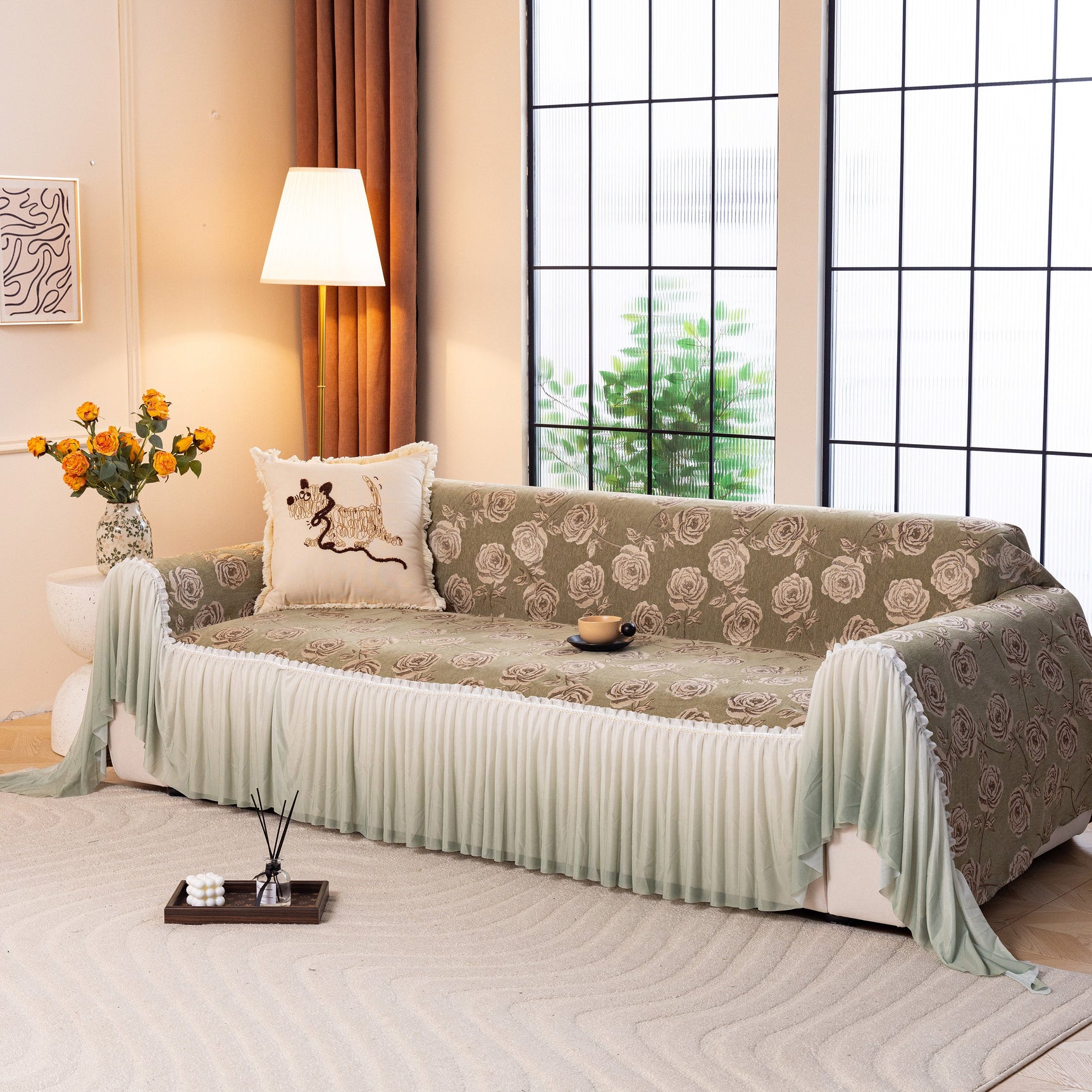 French Country Floral Sofa Cover with Ruffled Skirt, Farmhouse Decor for Living Room - Ornate Home