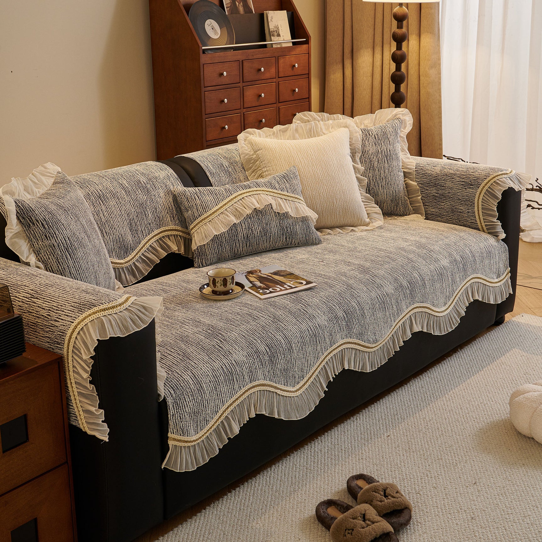 French Vintage Style Couch Cover with Skirt, Non-Slip Sectional Furniture Covers - Ornate Home