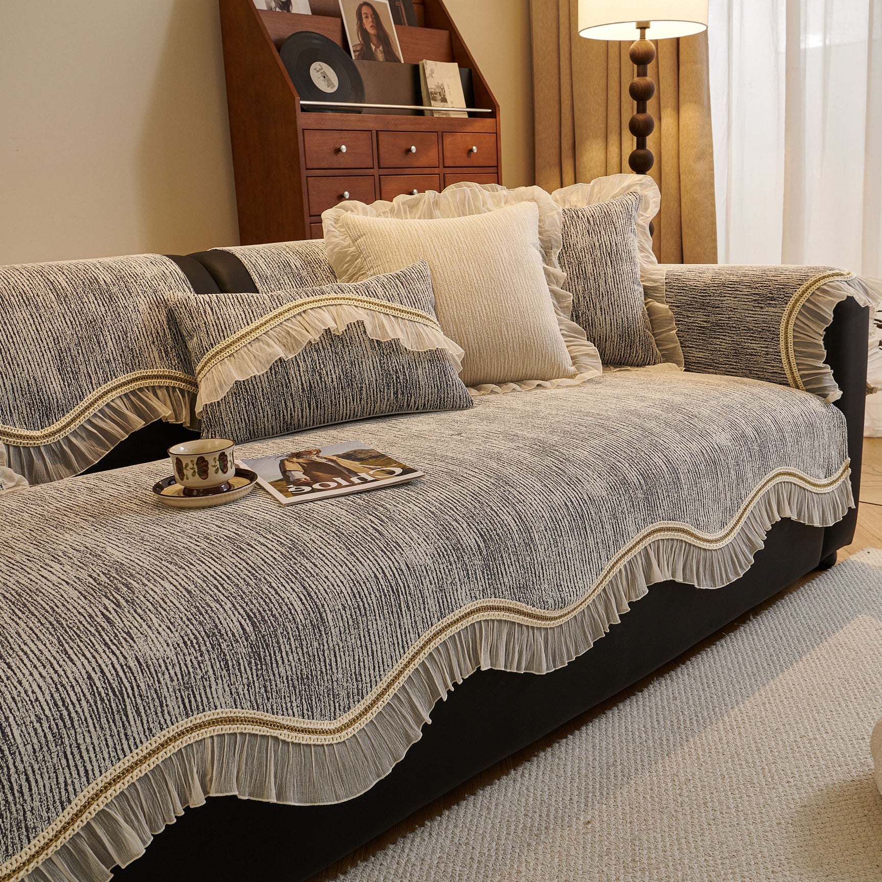 French Vintage Style Couch Cover with Skirt, Non-Slip Sectional Furniture Covers - Ornate Home