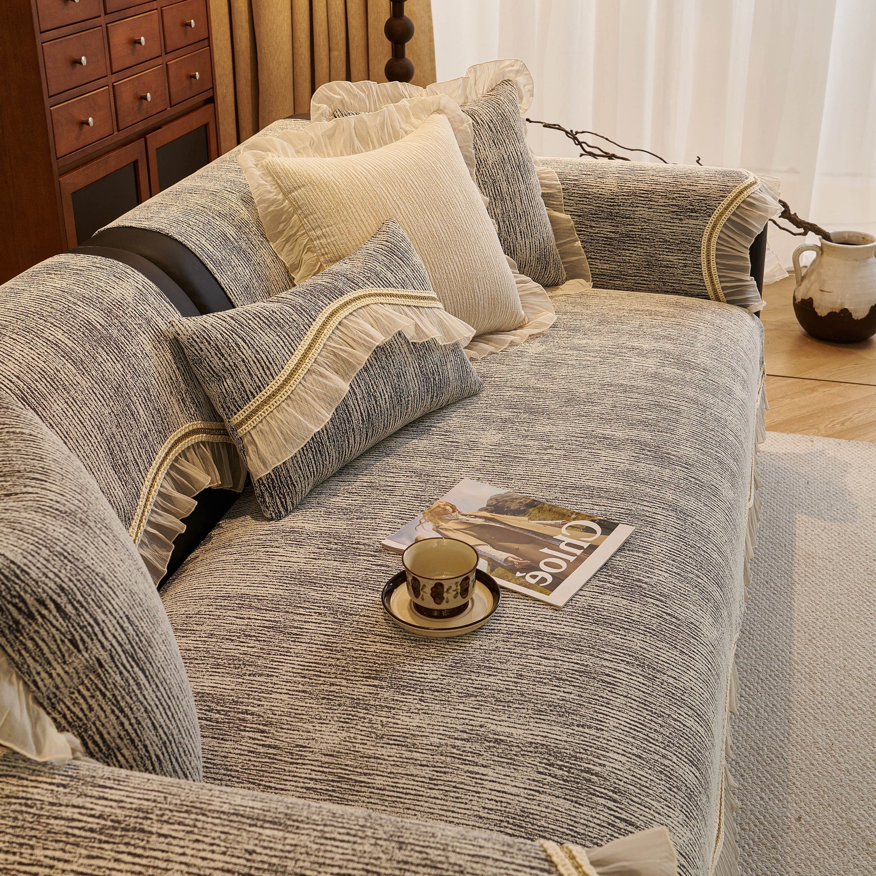 French Vintage Style Couch Cover with Skirt, Non-Slip Sectional Furniture Covers - Ornate Home