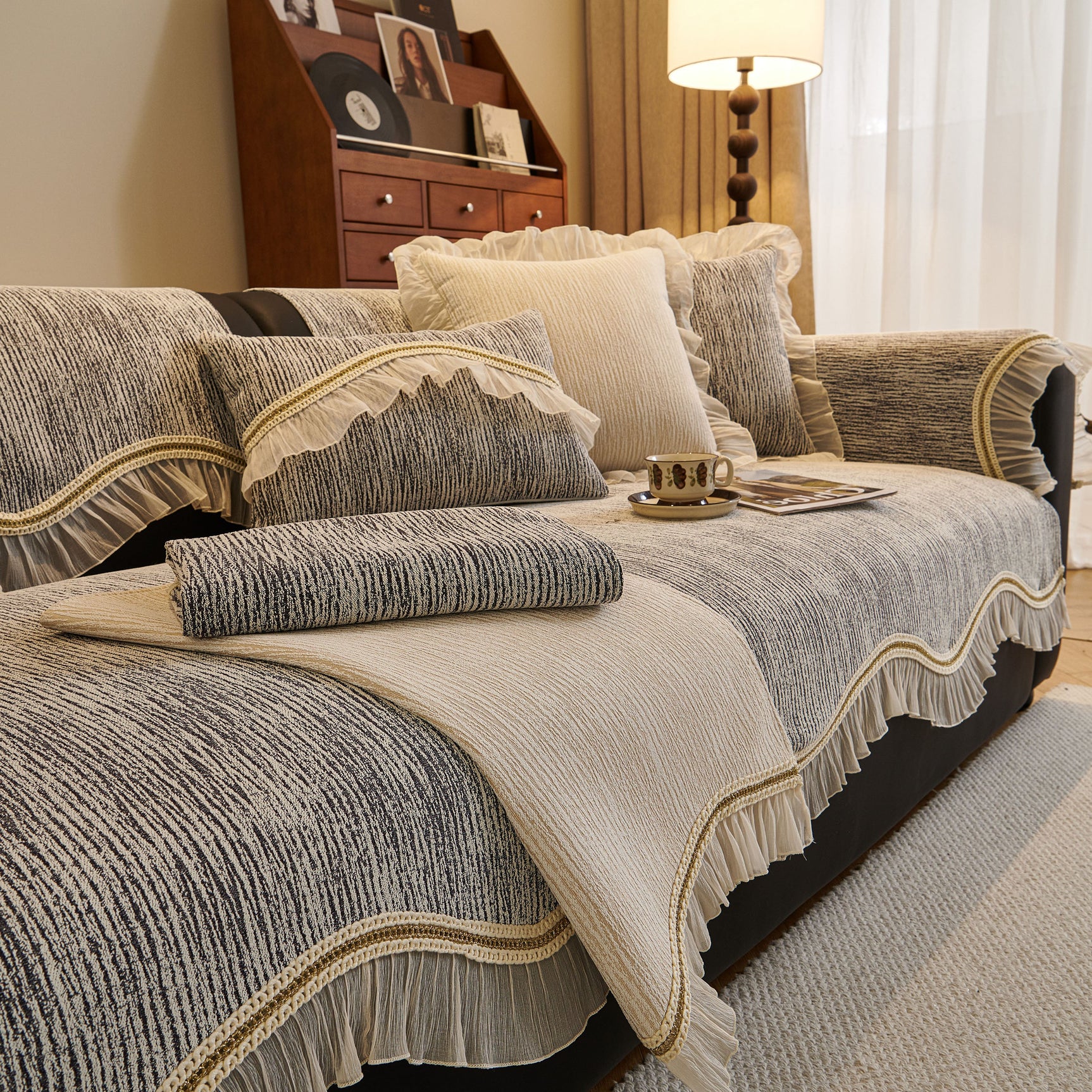 French Vintage Style Couch Cover with Skirt, Non-Slip Sectional Furniture Covers - Ornate Home