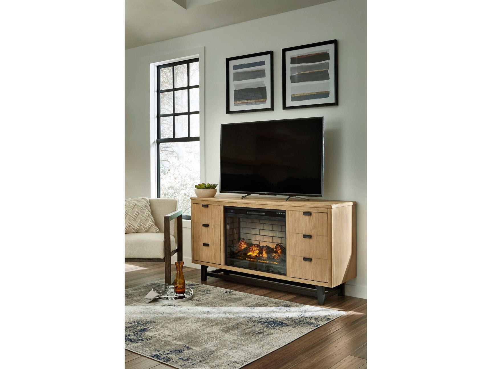Freslowe Light Brown & Black Large TV Stand w/ Electric Fireplace Insert (Online Special Price) - Ornate Home