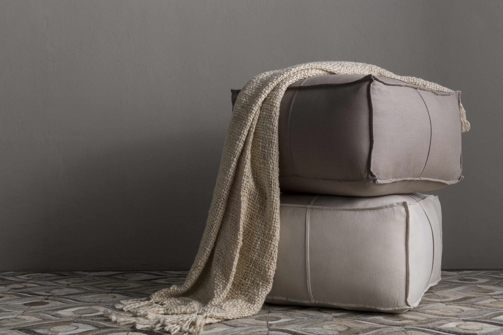 Friendsville Solid & Striped Ivory Pouf - Ornate Home