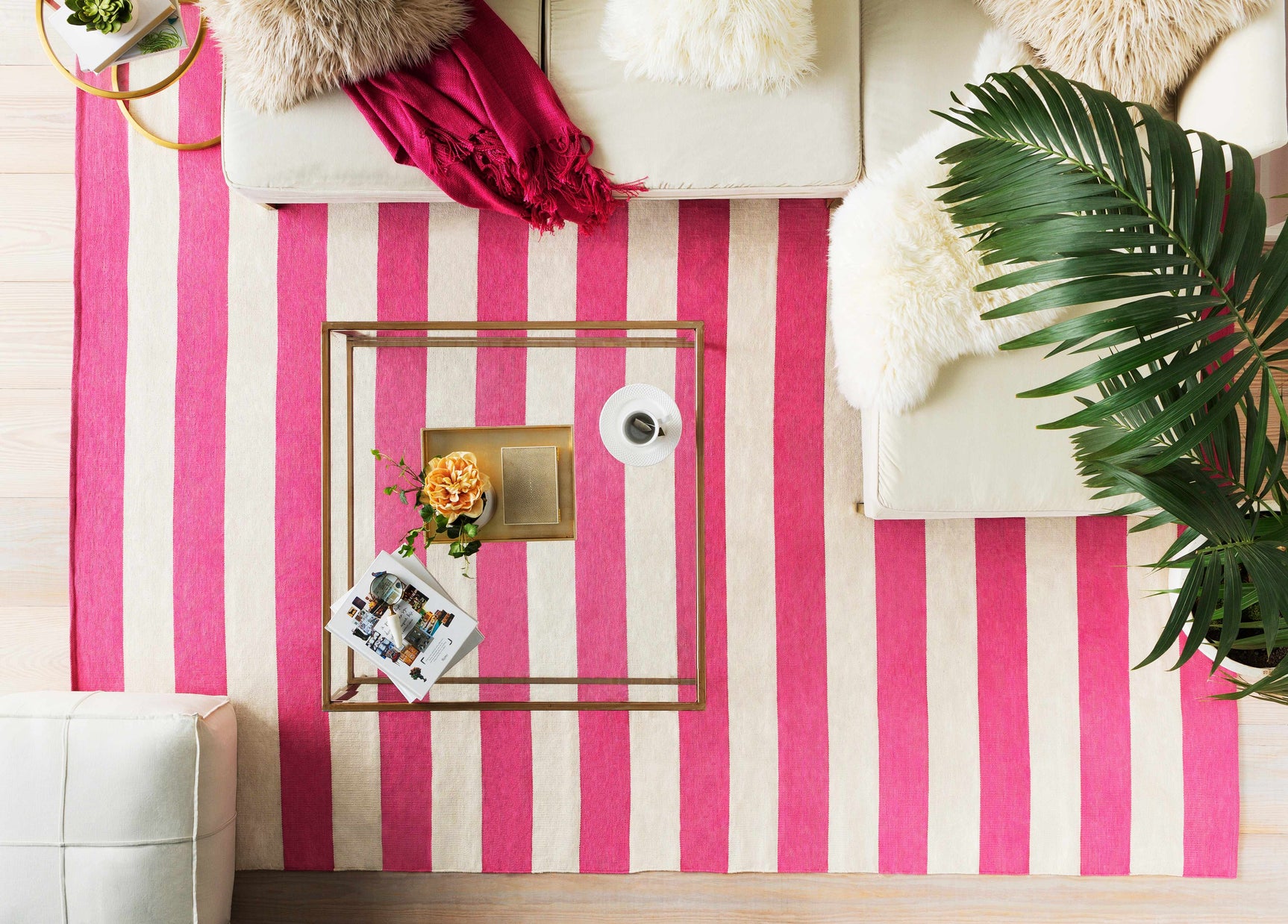 Friendsville Solid & Striped Ivory Pouf - Ornate Home