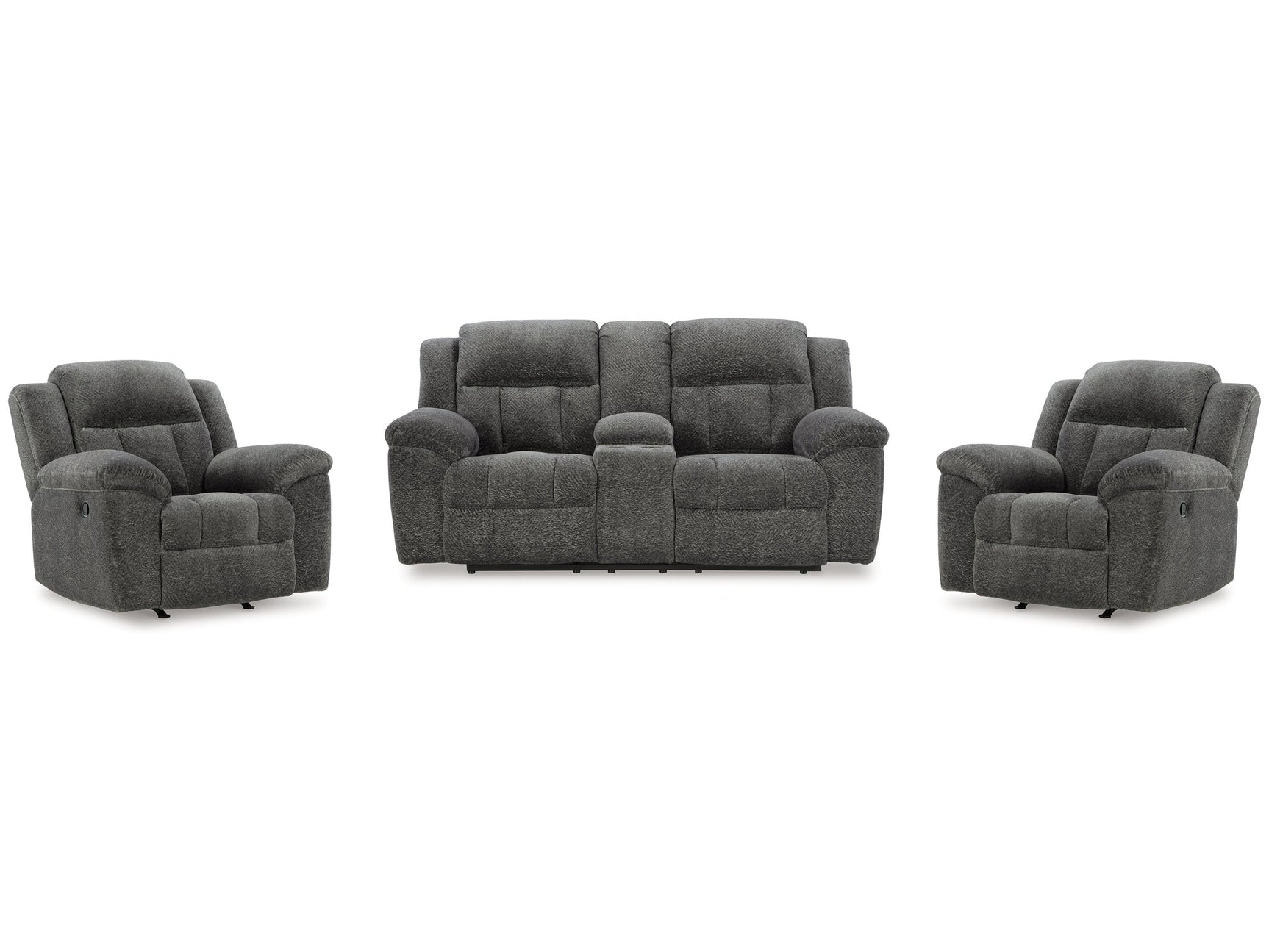 Frohn Graphite Reclining Loveseat with Console and 2 Recliners (Online Special Price) - Ornate Home