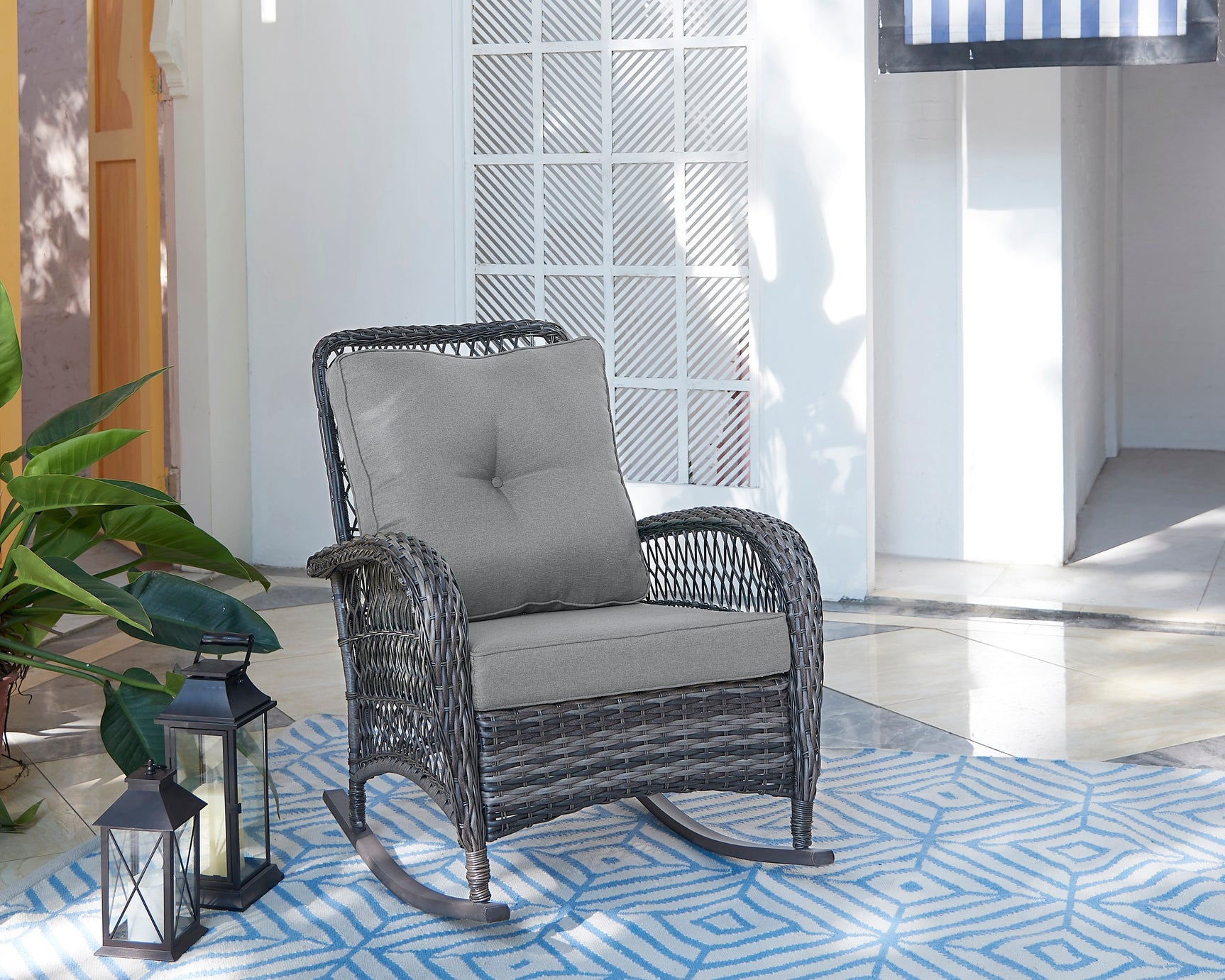 Fruttuo Patio Rocking Chair with Grey Cushions - Ornate Home