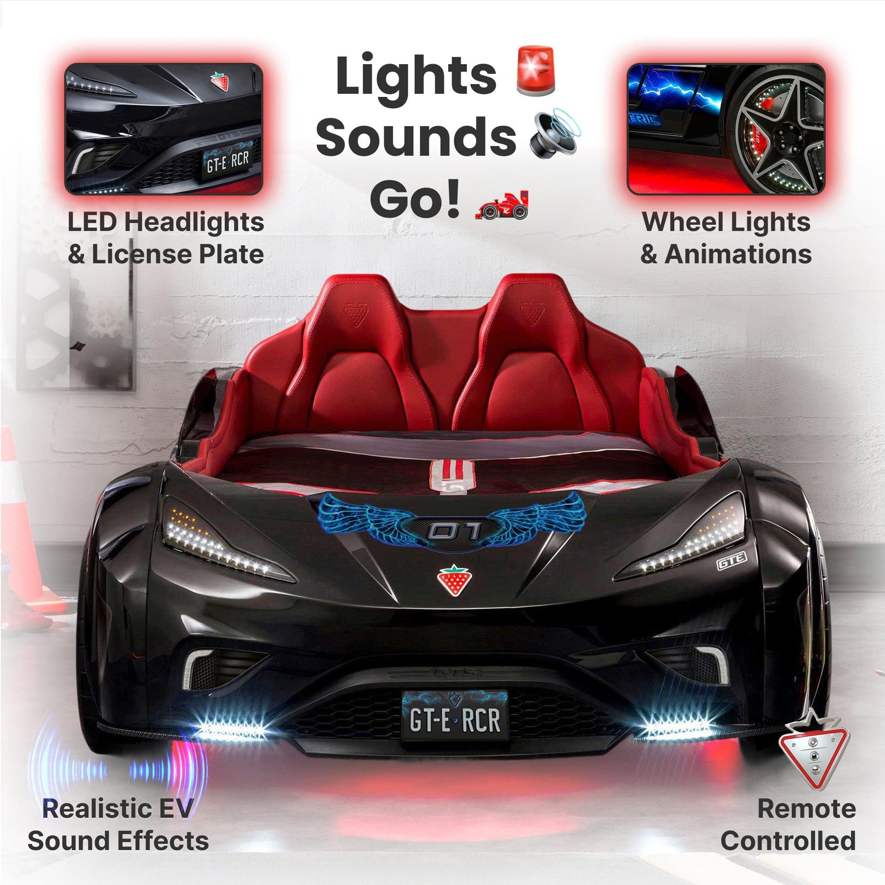 GTE Black-Twin Race Car Bed Remote Control, 4 Modes, Night Light, Upholstered Headboard & Interior - Ornate Home