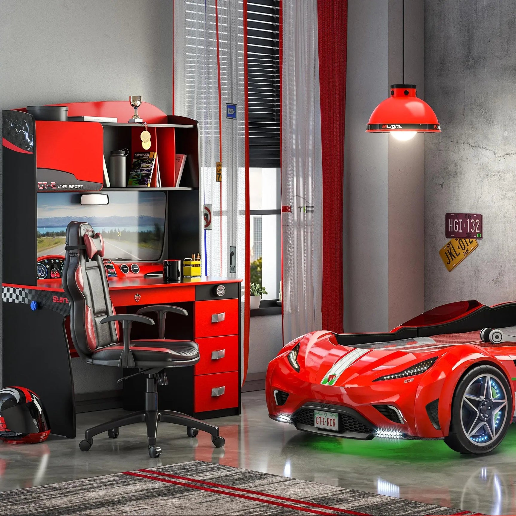 GTS EV Study Desk & Hutch with Cabinet, Car Dashboard Design - Ornate Home