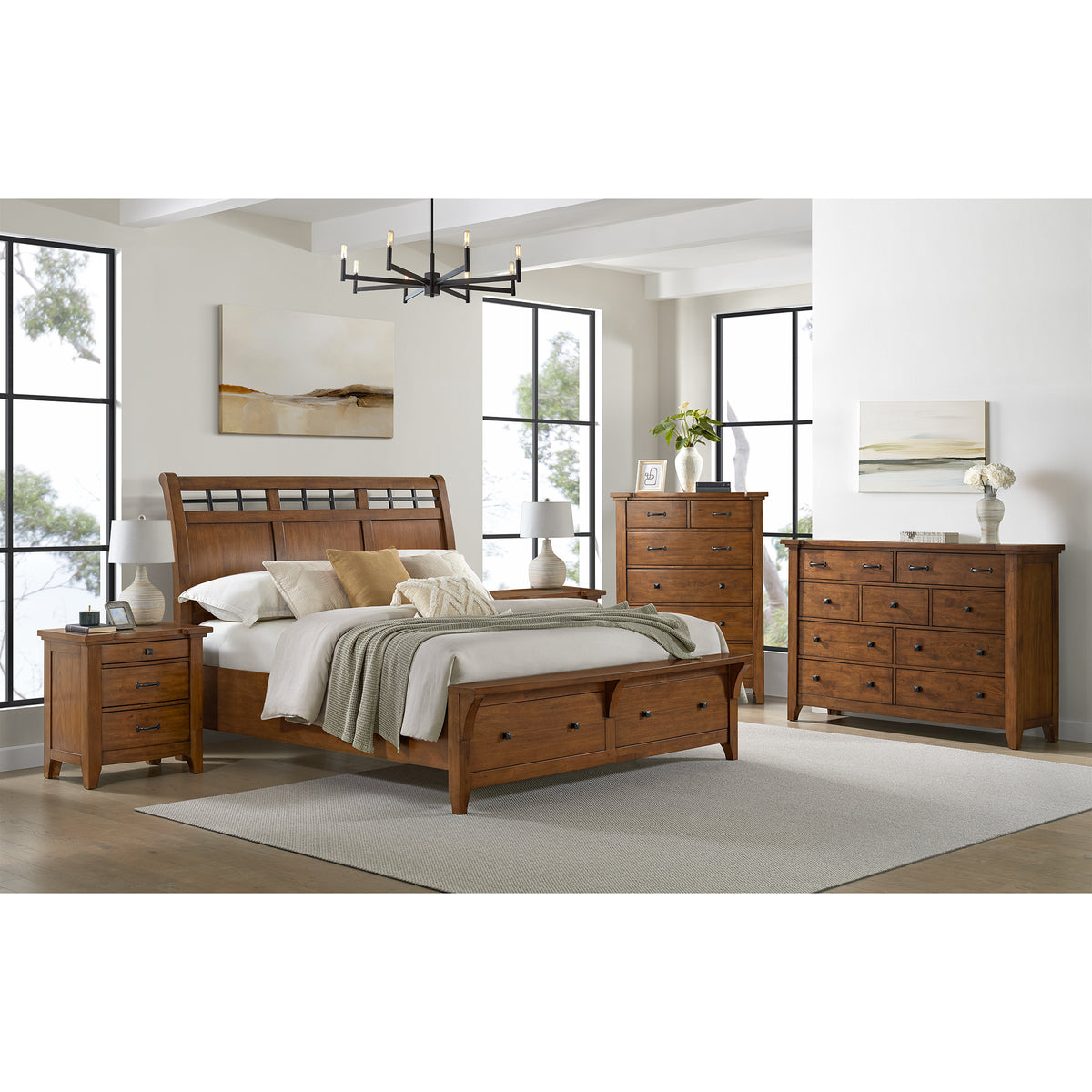 Gage Chestnut 5-Piece Queen Sleigh Storage Bedroom Set with 2 Nightstands, Dresser & Chest - Ornate Home