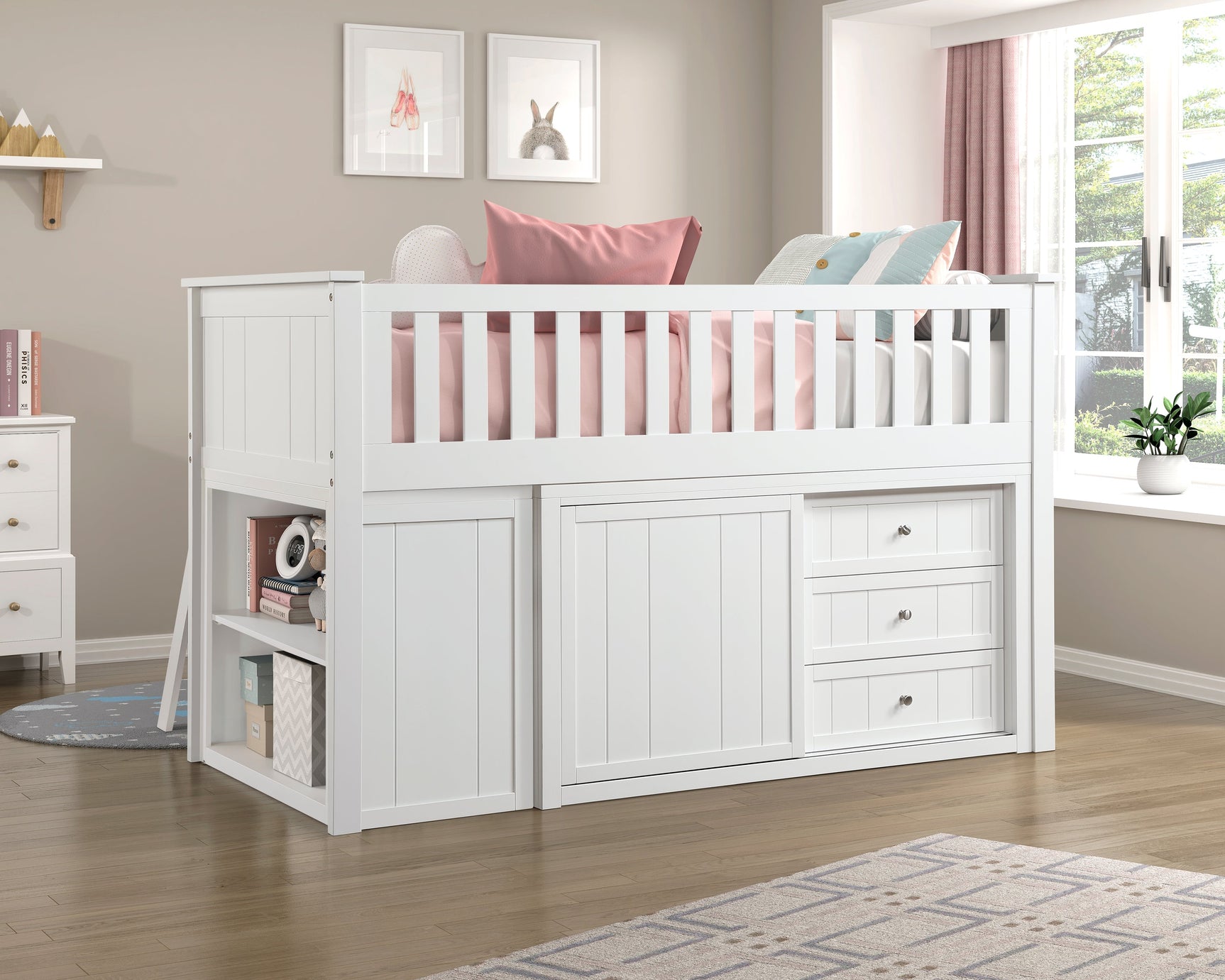 Galen White Low Loft Bunk with Bookcase & 2 Dressers - Ornate Home