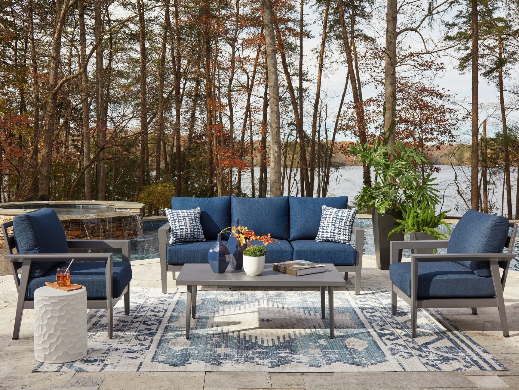 Gali Gray/Blue Outdoor Sofa/Chairs/Table Set (Set of 4) - Ornate Home