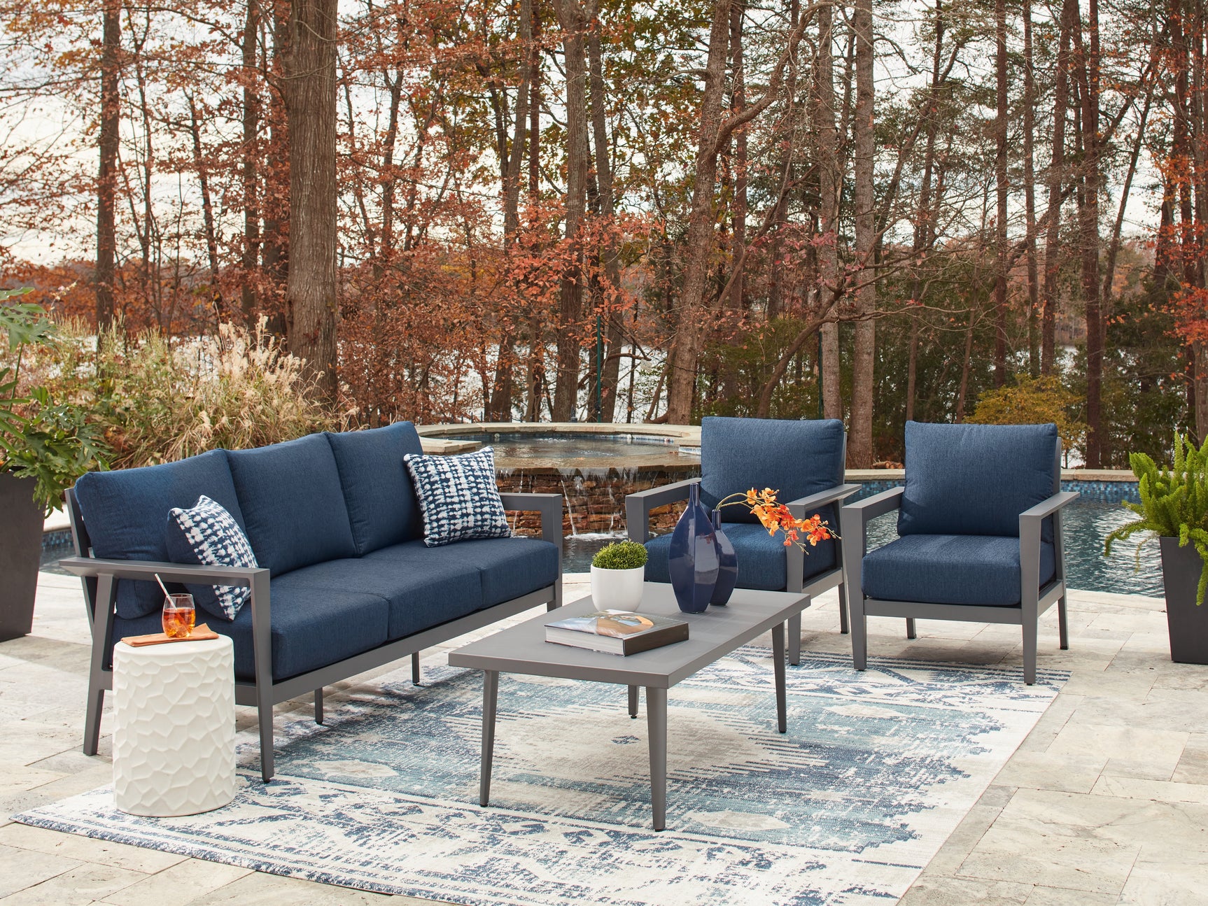 Gali Gray/Blue Outdoor Sofa/Chairs/Table Set (Set of 4) - Ornate Home