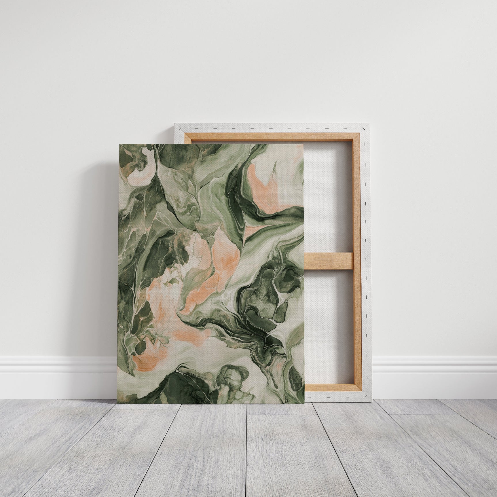 Blush Canyon – Abstract Green & Rose Marble Art