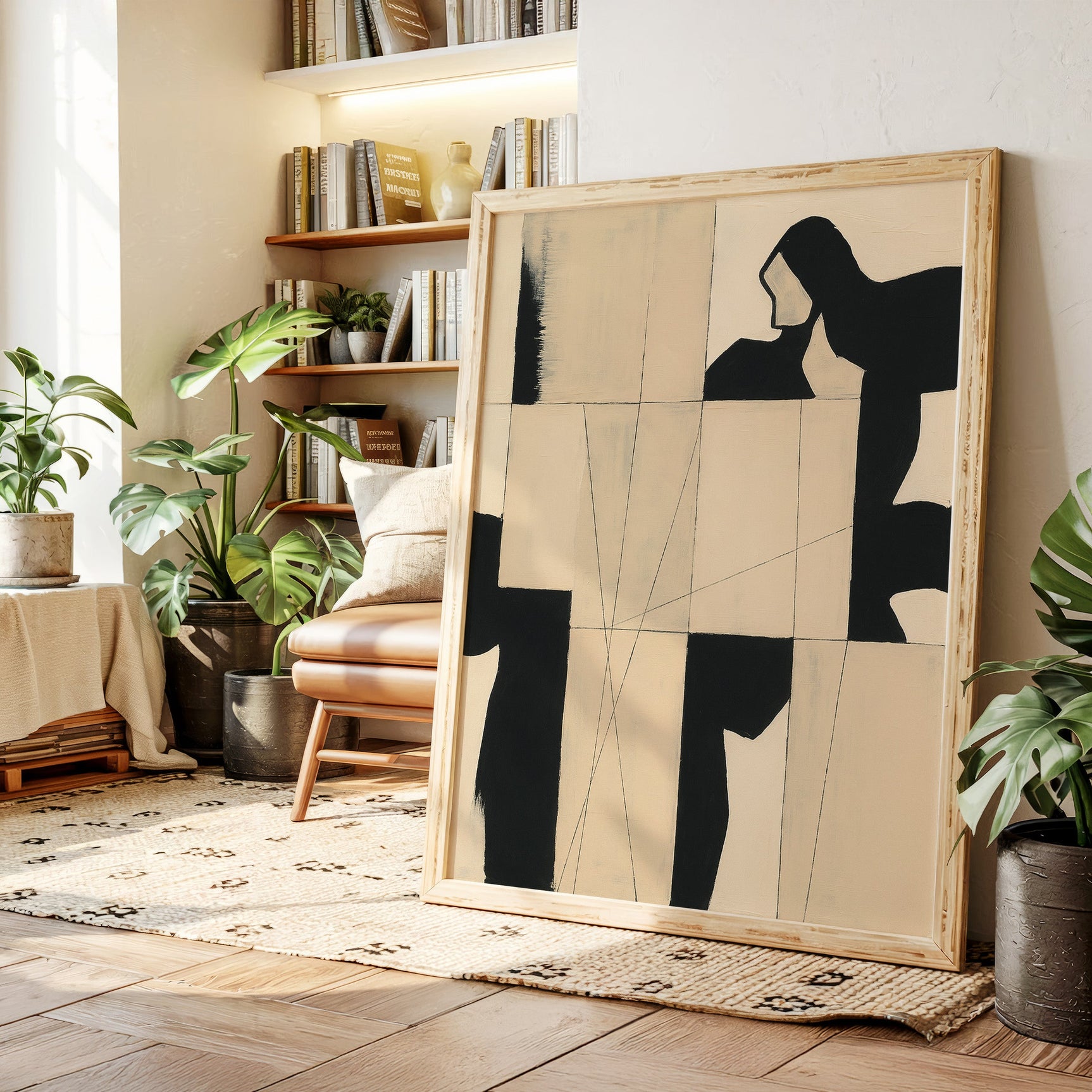 Modern Abstract Geometric Art Print in Black and Beige