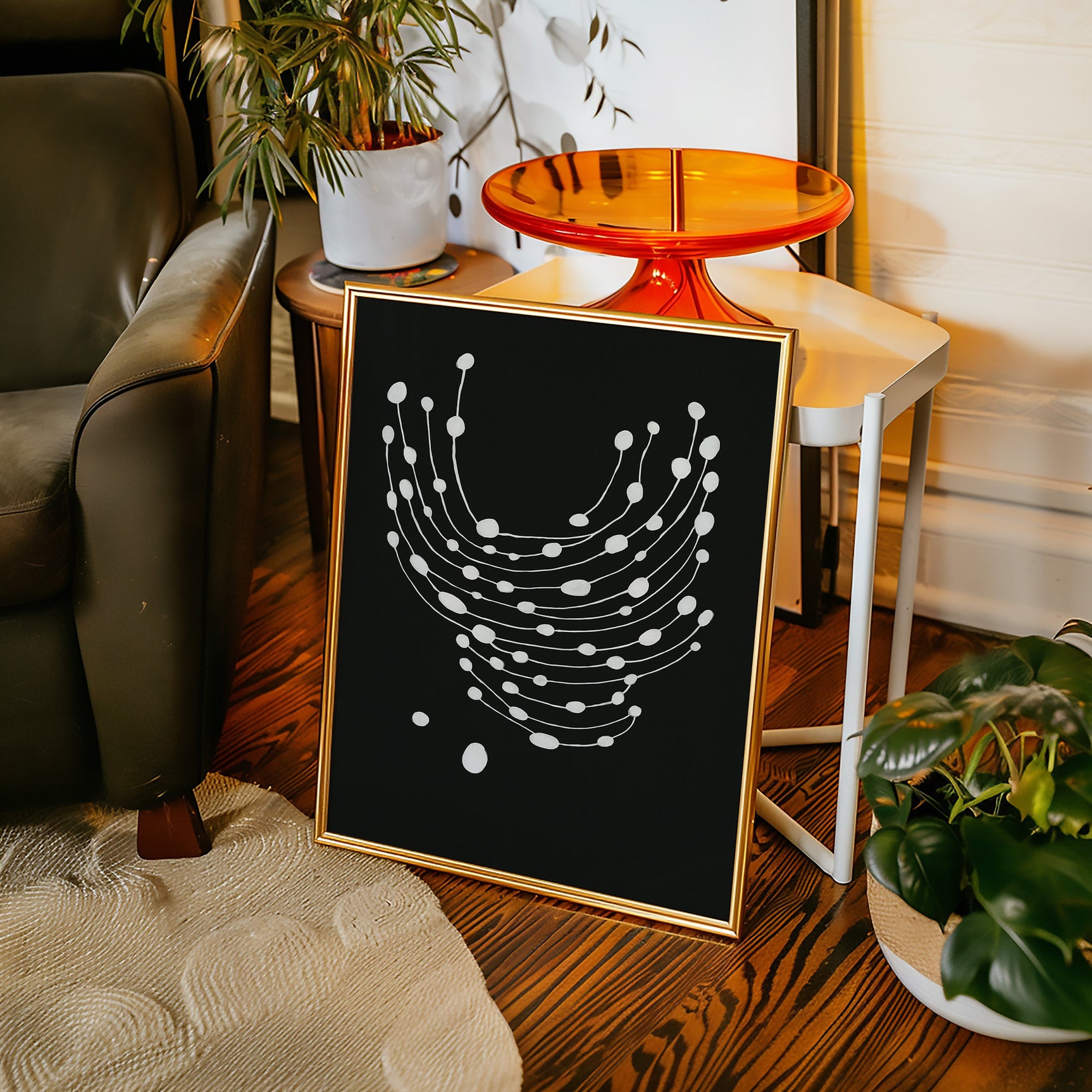 Minimalist Abstract White Dots on Black Canvas