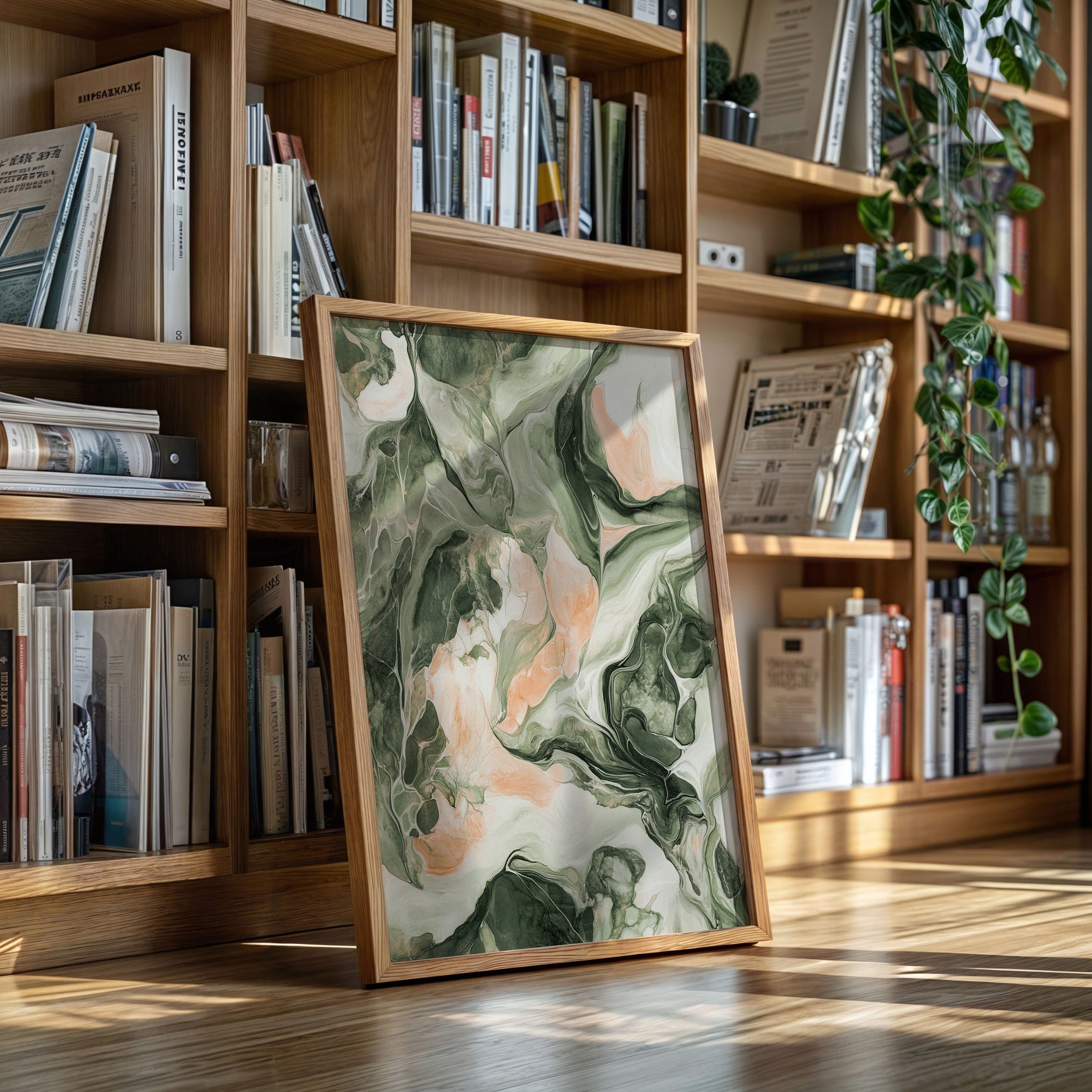 Blush Canyon – Abstract Green & Rose Marble Art