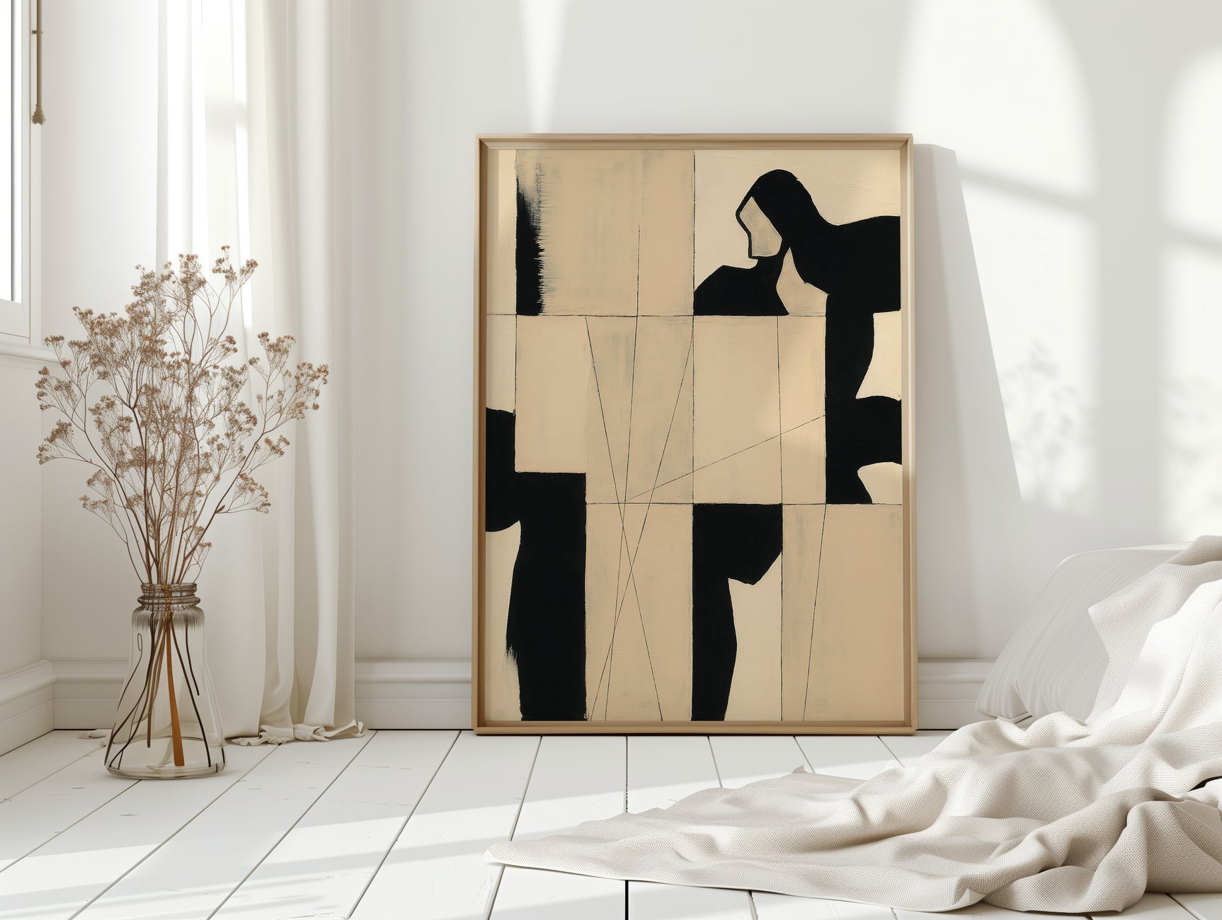Modern Abstract Geometric Art Print in Black and Beige