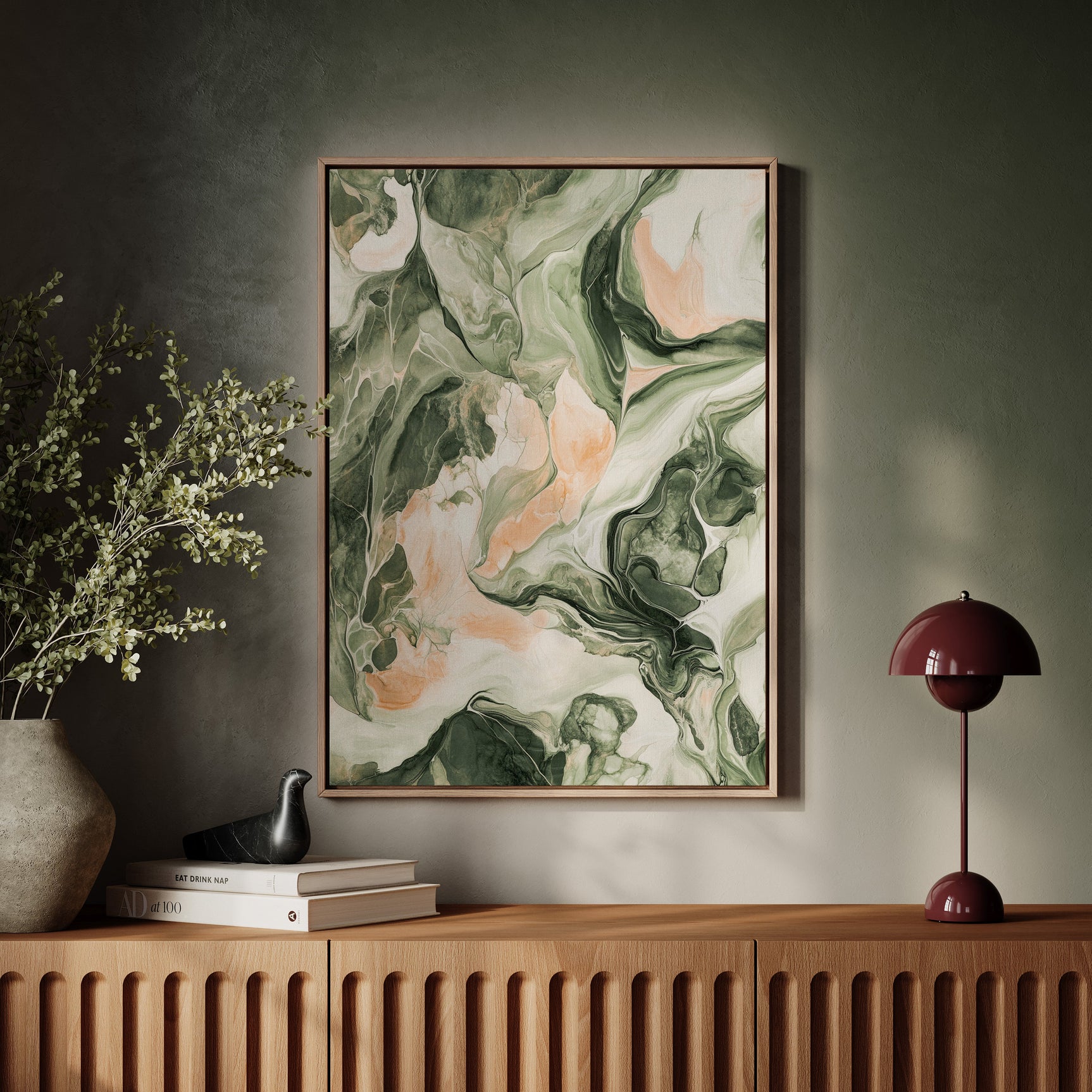 Blush Canyon – Abstract Green & Rose Marble Art