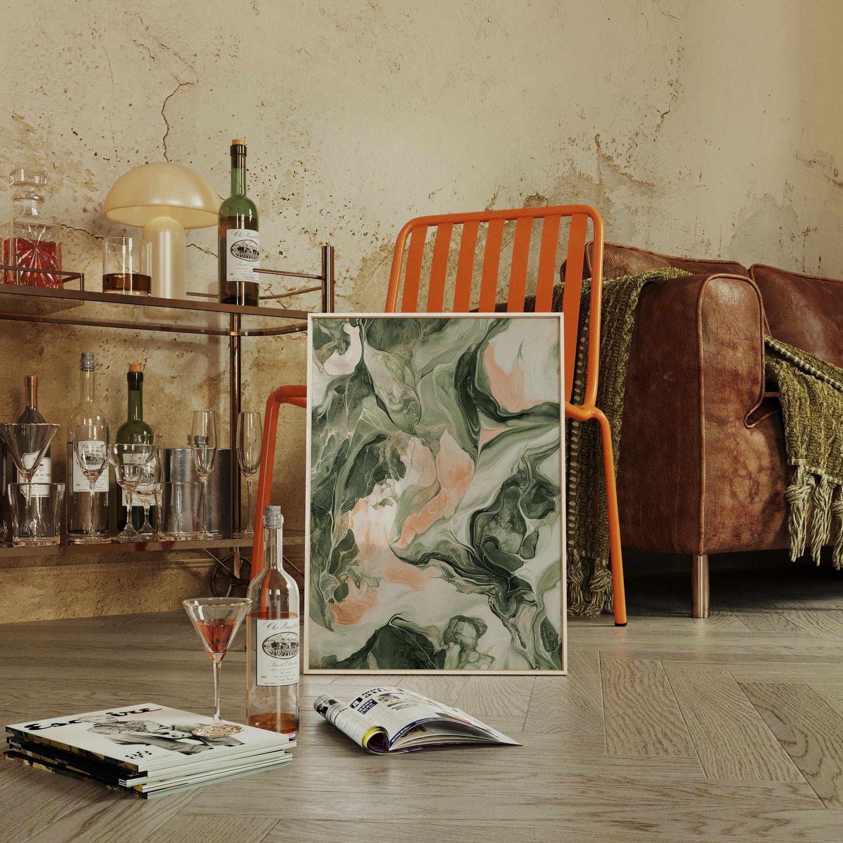 Blush Canyon – Abstract Green & Rose Marble Art