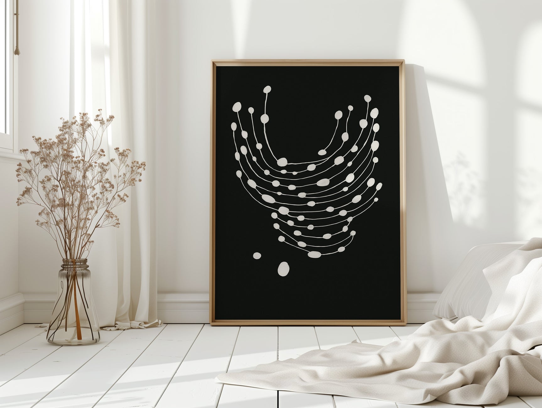 Minimalist Abstract White Dots on Black Canvas