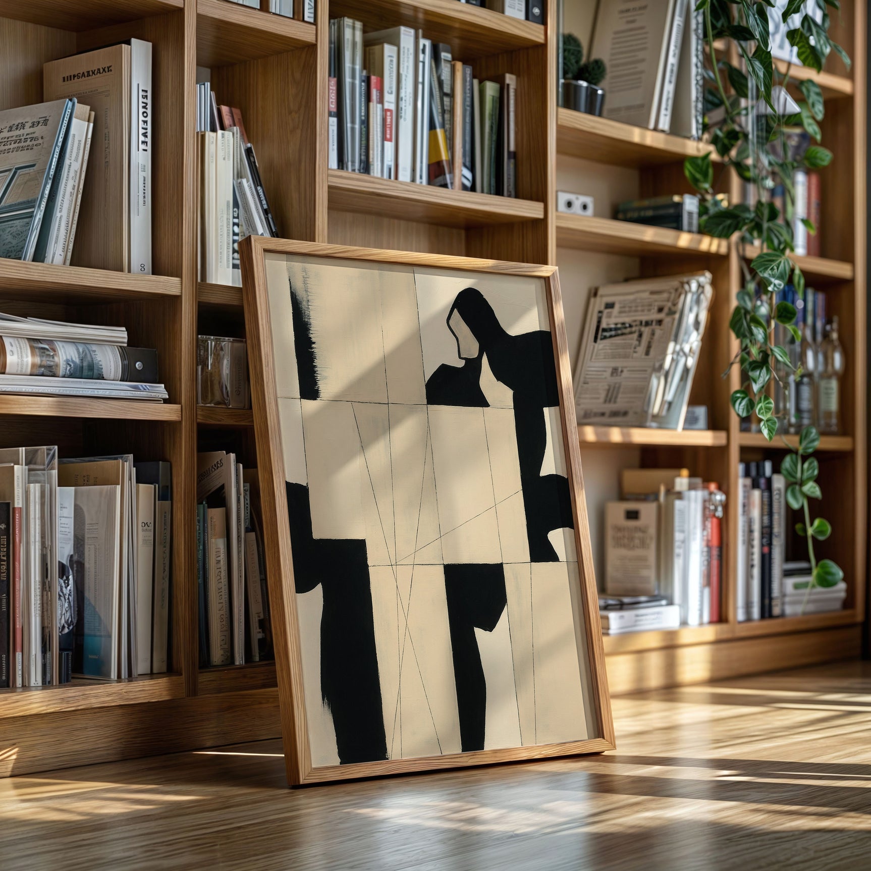 Modern Abstract Geometric Art Print in Black and Beige