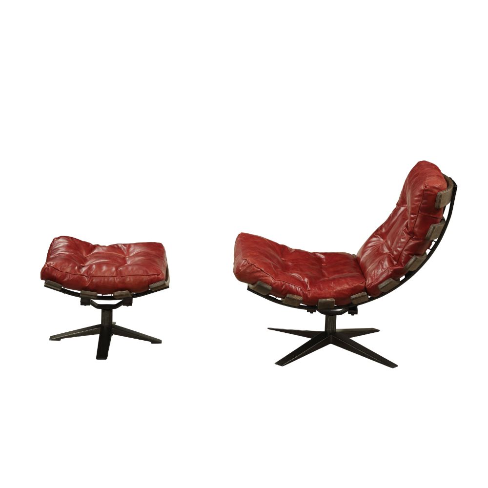 Gandy Antique Red Leather Chair & Ottoman - Ornate Home