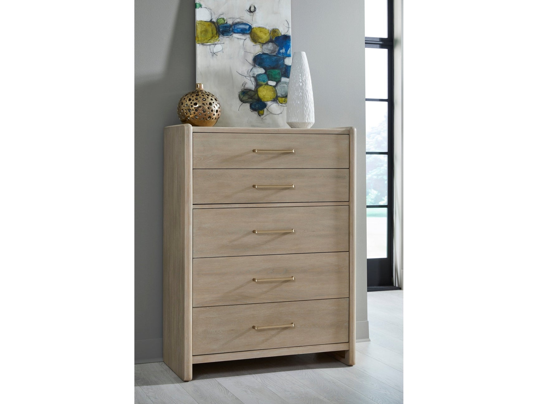 Gardenia Five Drawer Oak Wood Chest in Chai - Ornate Home