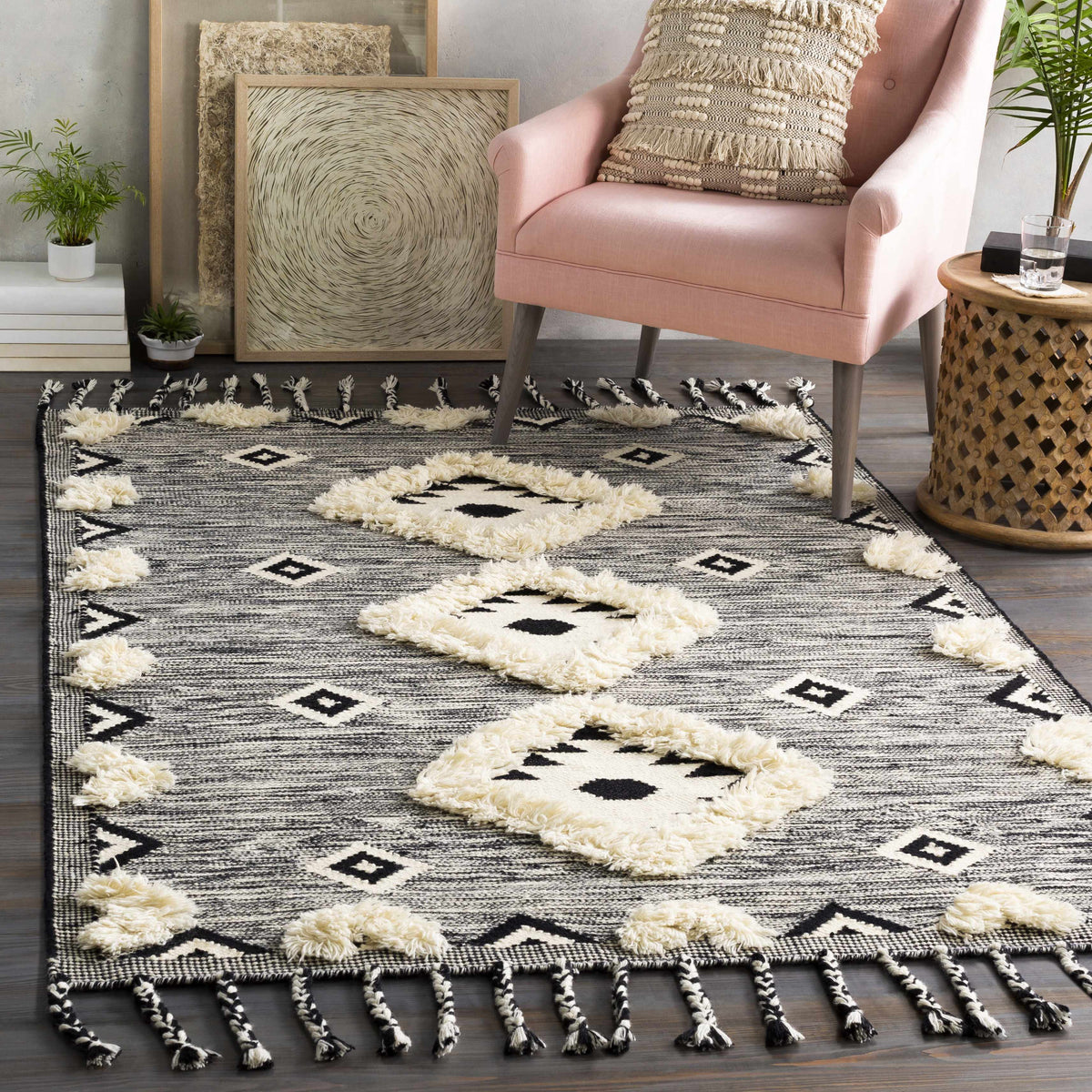 Gardner Cream on Gray Wool Tassel Rug - Clearance - Ornate Home