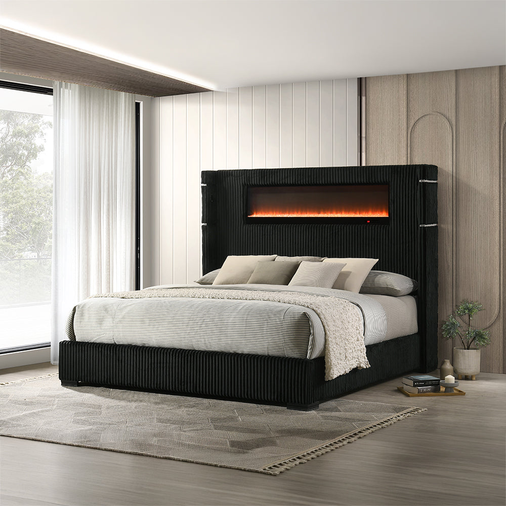Garner Black/Gray EK Bed w/Fireplace, LED, Reading Light, Speaker, Bluetooth, USB - Ornate Home