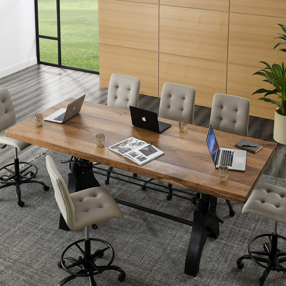 Genuine Black/Natural 96" Crank Adjustable Height Dining and Conference Table - Ornate Home