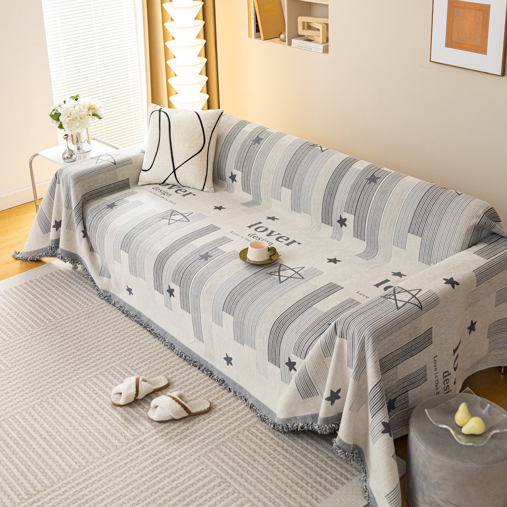 Geometric Chenille Sofa Throw Cover, Breathable Couch Protector with Tassel Fringe - Ornate Home