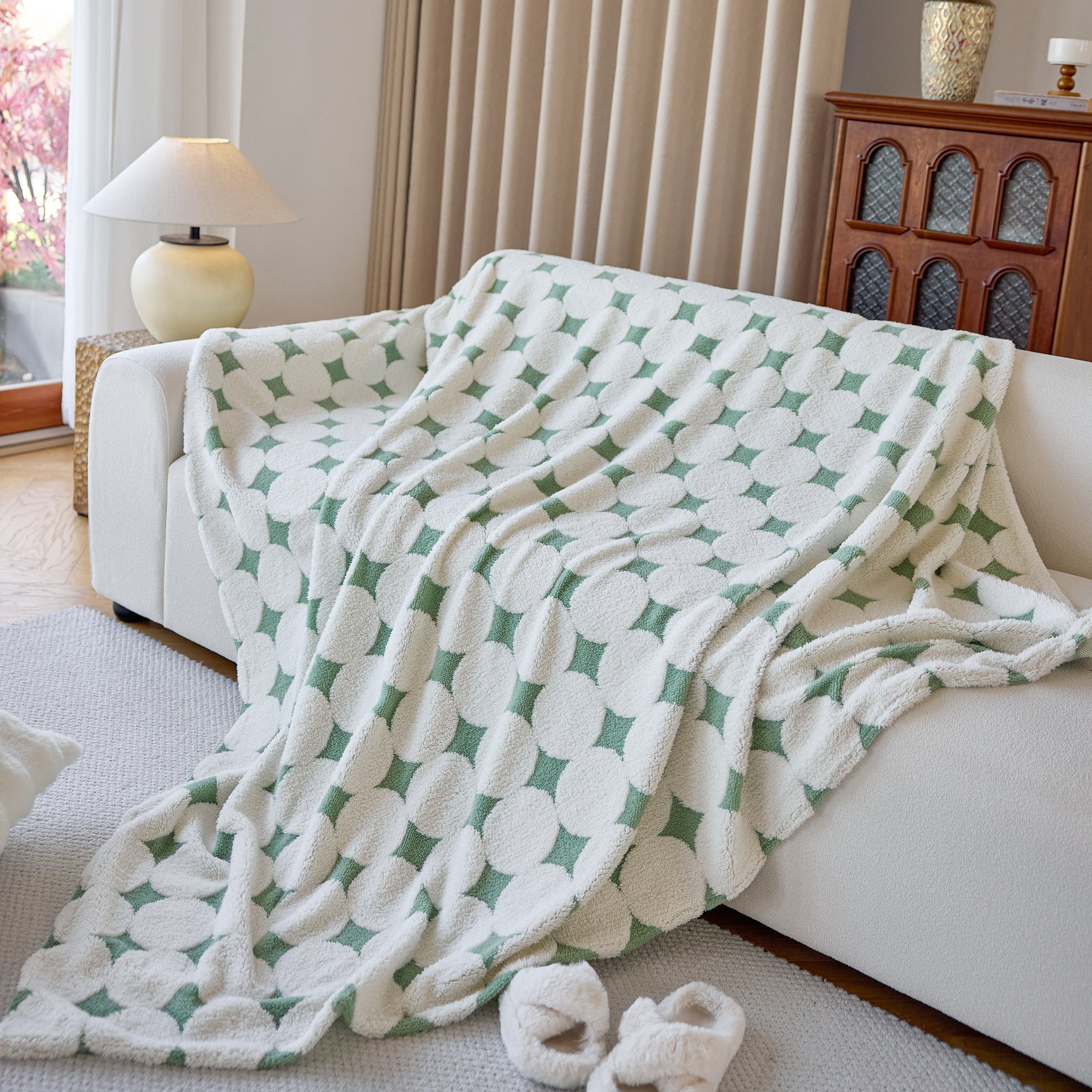 Geometric Jacquard Plush Warm Sofa Couch Cover Coral Fleece Throw Blanket for Couch - Ornate Home
