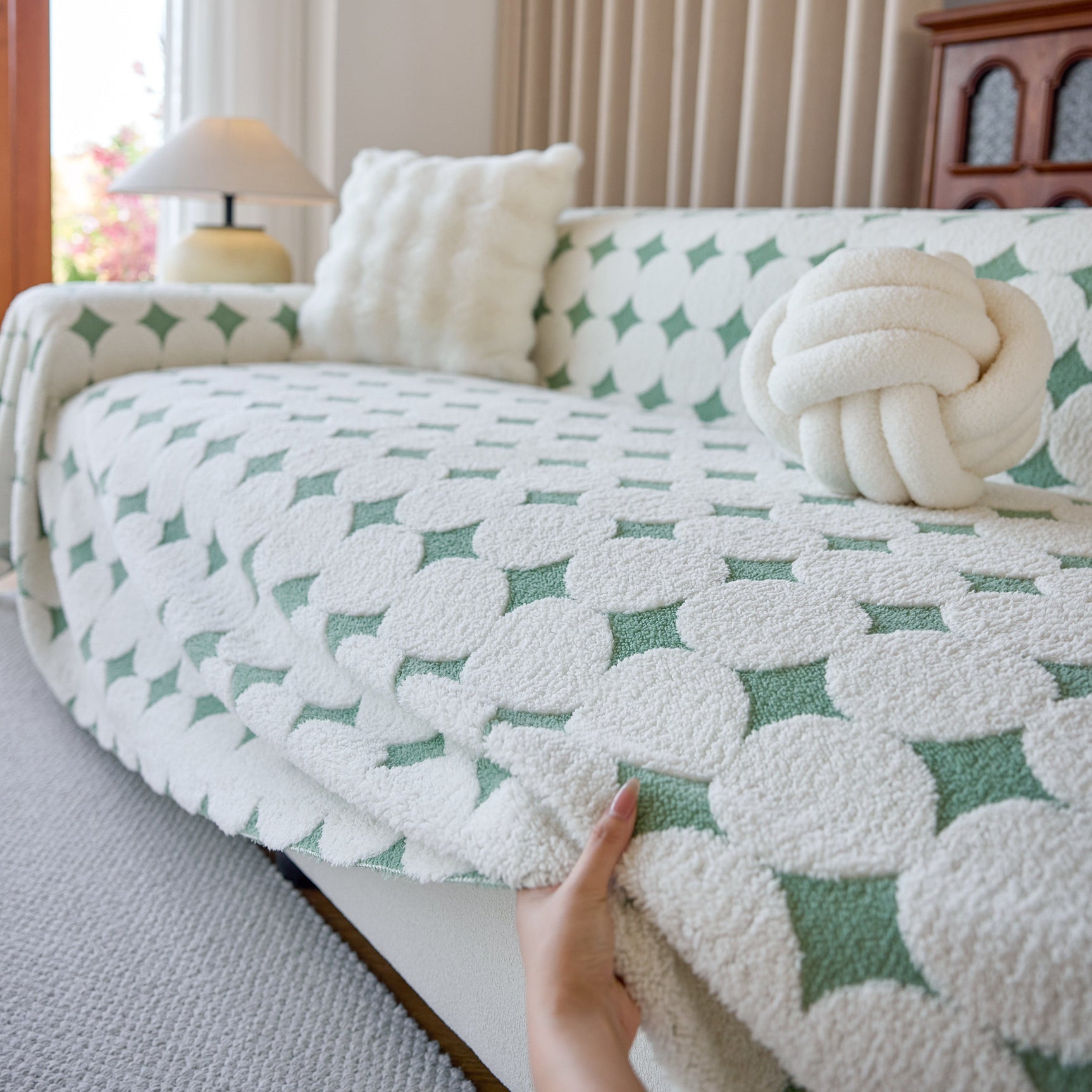 Geometric Jacquard Plush Warm Sofa Couch Cover Coral Fleece Throw Blanket for Couch - Ornate Home