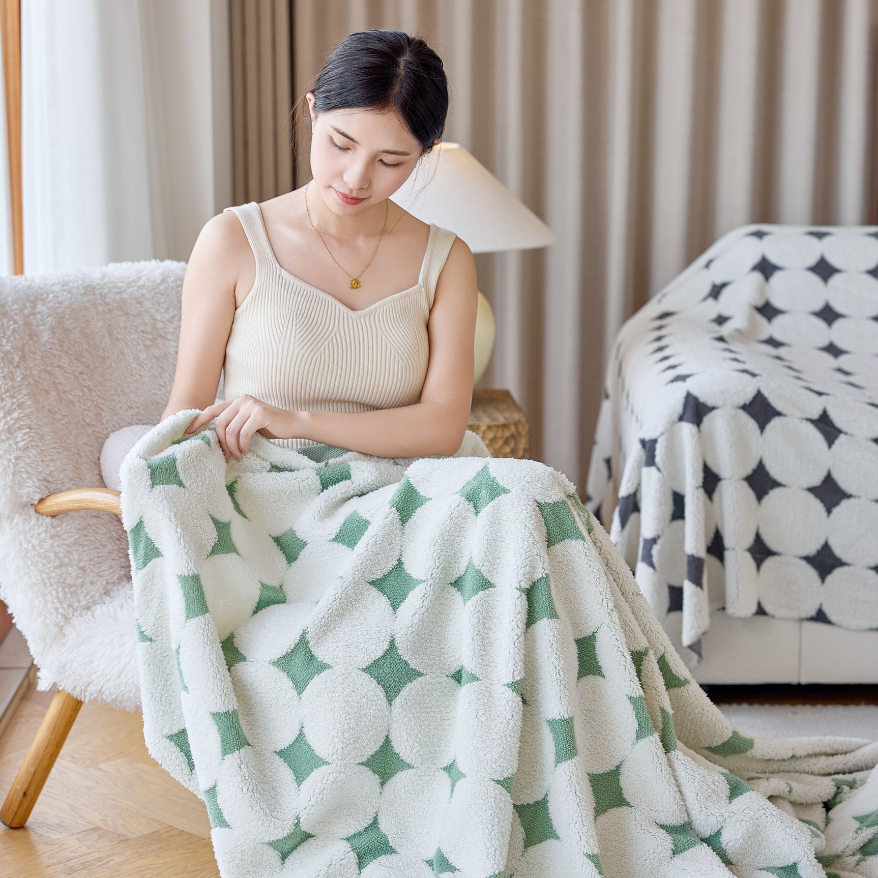 Geometric Jacquard Plush Warm Sofa Couch Cover Coral Fleece Throw Blanket for Couch - Ornate Home