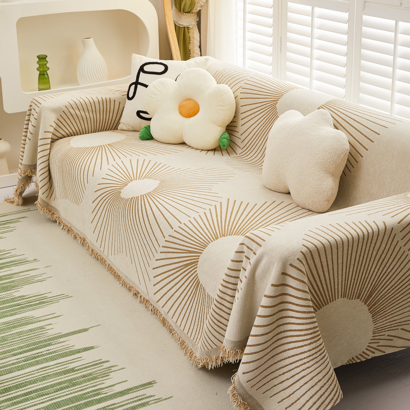 Geometric Radial Striped L-Shape Sofa Cover: Thick, Reversible Furniture Blanket for Kids and Pets - Ornate Home