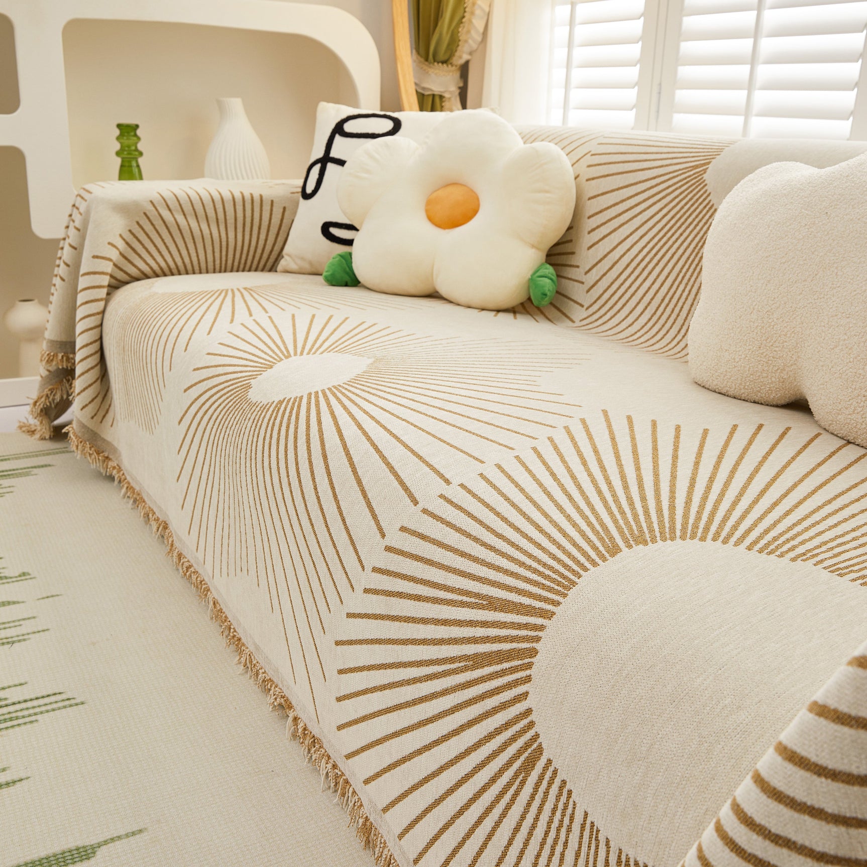 Geometric Radial Striped L-Shape Sofa Cover: Thick, Reversible Furniture Blanket for Kids and Pets - Ornate Home