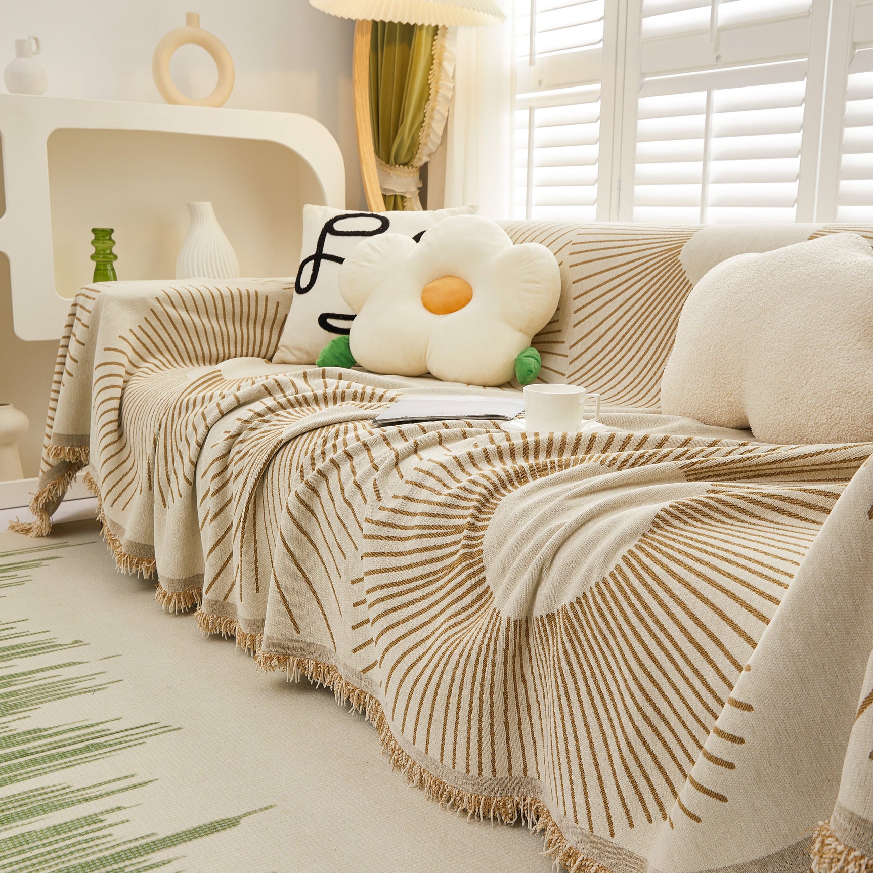 Geometric Radial Striped L-Shape Sofa Cover: Thick, Reversible Furniture Blanket for Kids and Pets - Ornate Home
