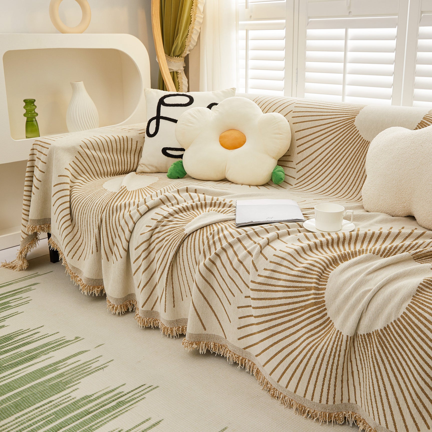 Geometric Radial Striped L-Shape Sofa Cover: Thick, Reversible Furniture Blanket for Kids and Pets - Ornate Home