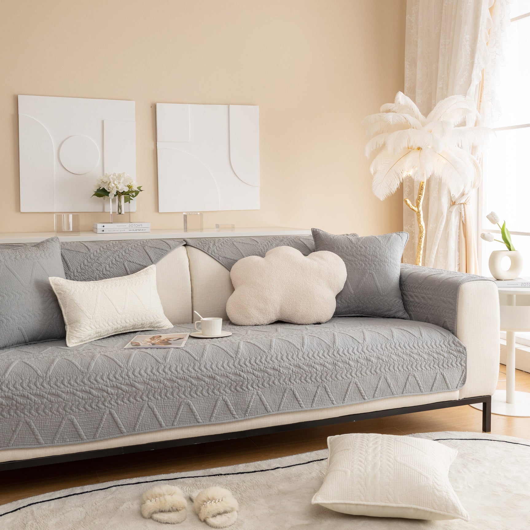 Geometric Textured Cotton Quilted Sofa Cover, Non-Slip Washable Couch Protector - Ornate Home