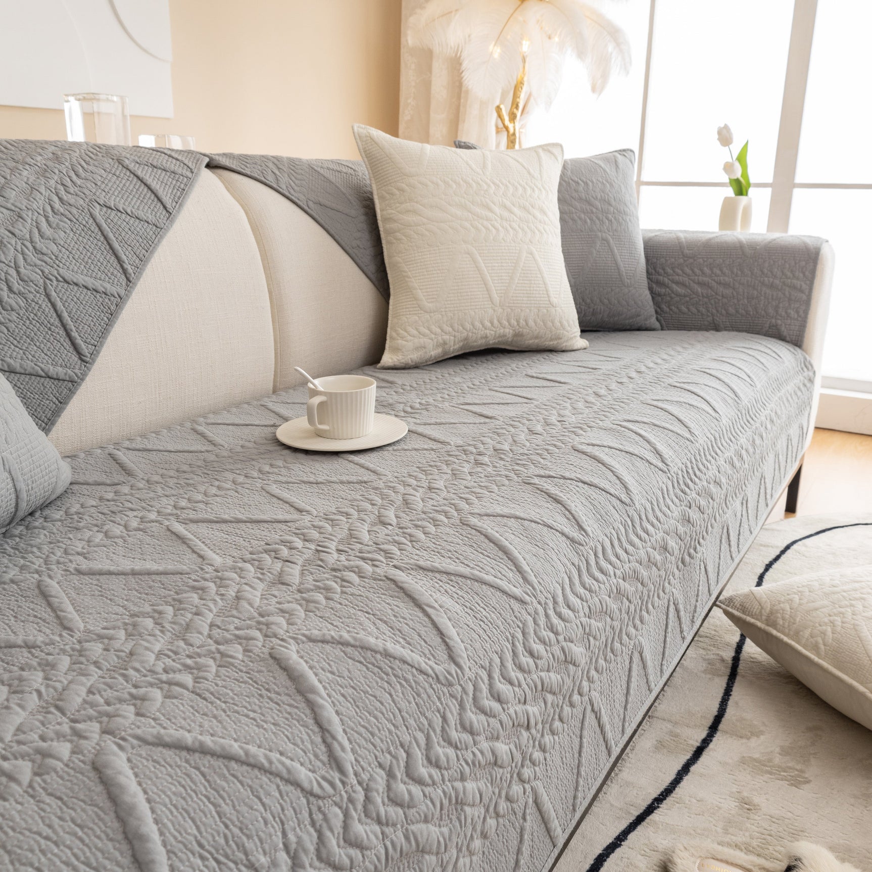 Geometric Textured Cotton Quilted Sofa Cover, Non-Slip Washable Couch Protector - Ornate Home