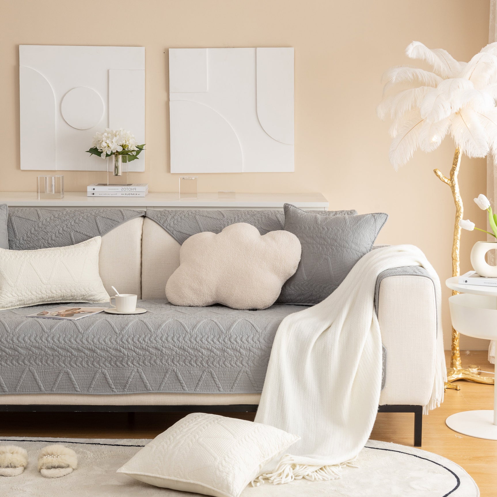 Geometric Textured Cotton Quilted Sofa Cover, Non-Slip Washable Couch Protector - Ornate Home