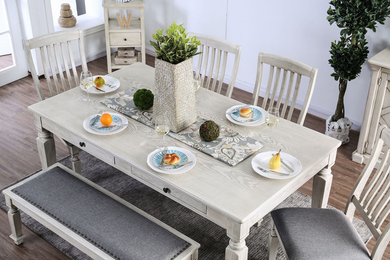 Georgia Antique White/Gray 6 Pc. Dining Room Set w/ Bench - Ornate Home