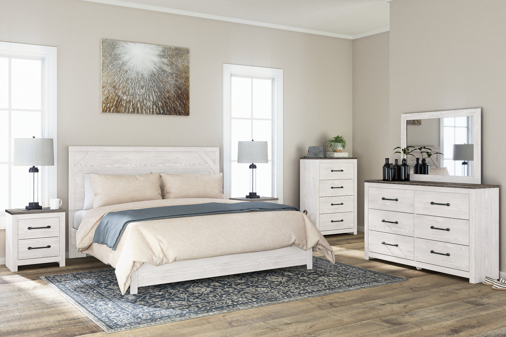 Gerridan White/Gray King Panel Bed, Dresser and Mirror - Ornate Home