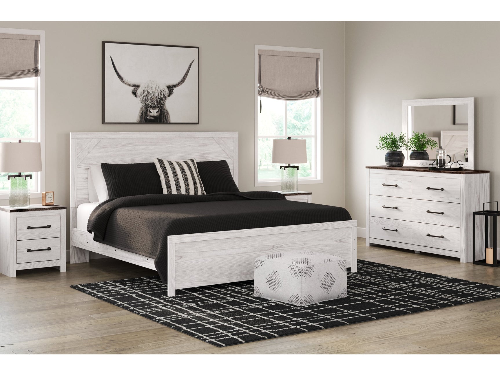Gerridan White/Gray King Panel Bed with Mirrored Dresser and Nightstand (Online Special Price) - Ornate Home
