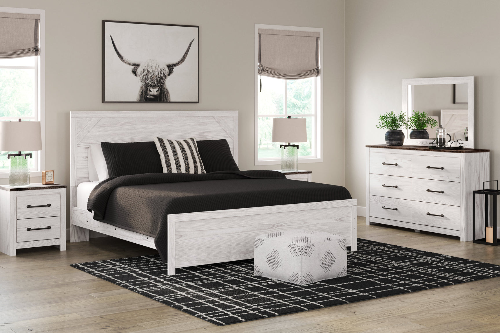 Gerridan White/Gray King Panel Bedroom Set with Dresser, Mirror and 2 Nightstands (Online Special Price) - Ornate Home